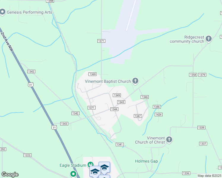 map of restaurants, bars, coffee shops, grocery stores, and more near 445 County Road 1344 in Vinemont