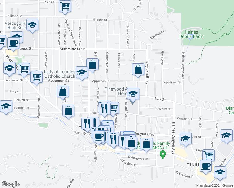 map of restaurants, bars, coffee shops, grocery stores, and more near 10164 Samoa Avenue in Los Angeles