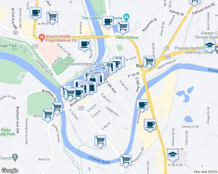 map of restaurants, bars, coffee shops, grocery stores, and more near 412 East 1st Street in Rome