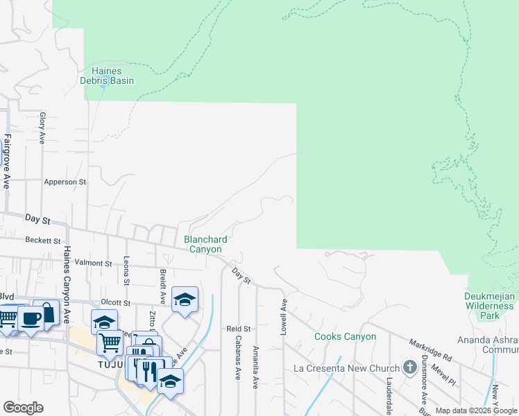 map of restaurants, bars, coffee shops, grocery stores, and more near 6125 Sister Elsie Drive in Los Angeles