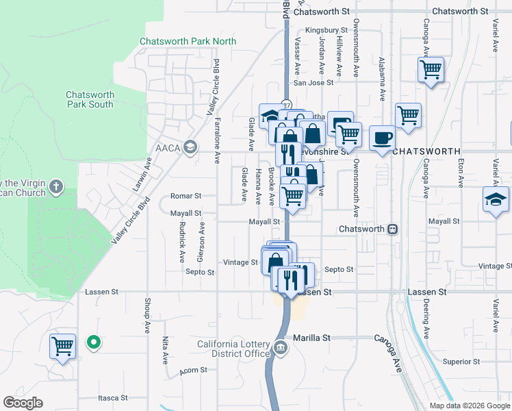 map of restaurants, bars, coffee shops, grocery stores, and more near 10127 Hanna Avenue in Los Angeles