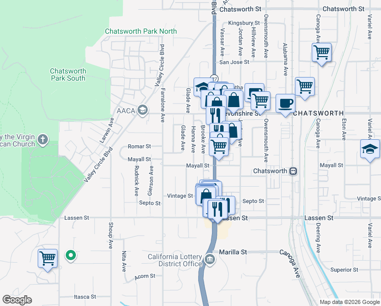 map of restaurants, bars, coffee shops, grocery stores, and more near 10127 Hanna Avenue in Los Angeles