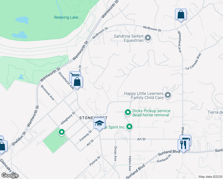 map of restaurants, bars, coffee shops, grocery stores, and more near 10928 Meseta Drive in Los Angeles
