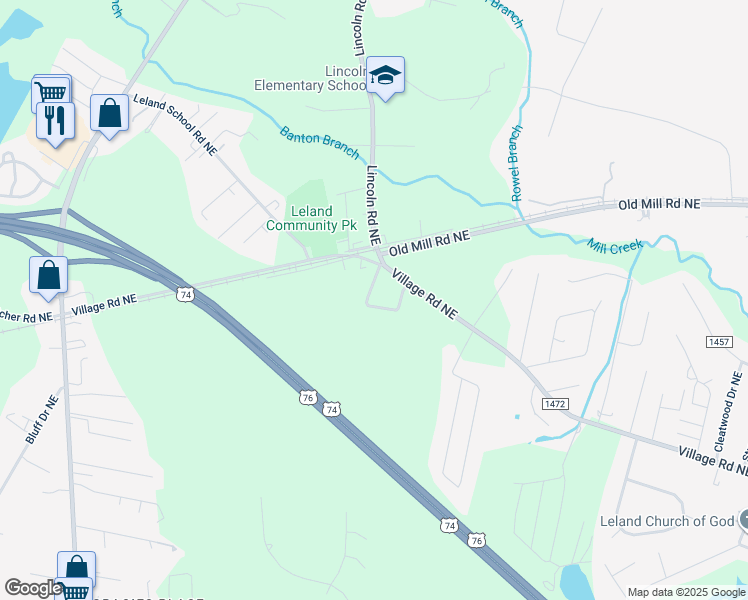 map of restaurants, bars, coffee shops, grocery stores, and more near 182 Lincoln Place Circle in Leland