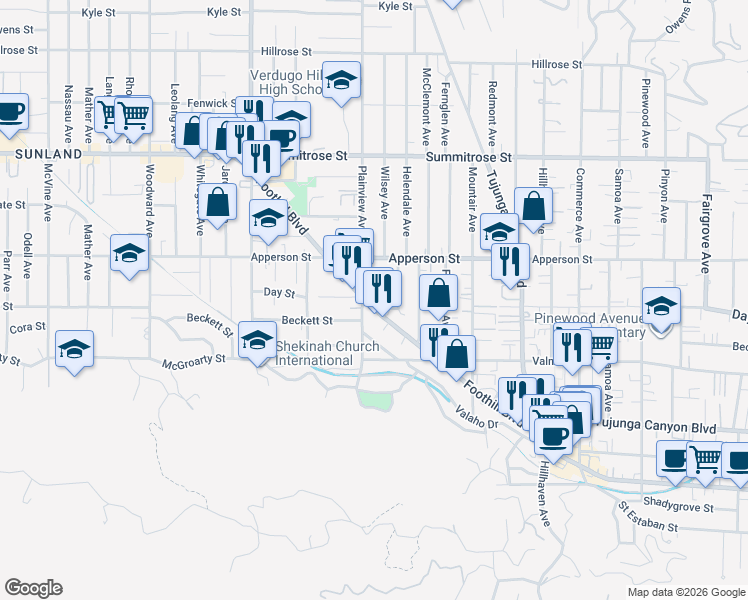 map of restaurants, bars, coffee shops, grocery stores, and more near 7577 Foothill Boulevard in Los Angeles