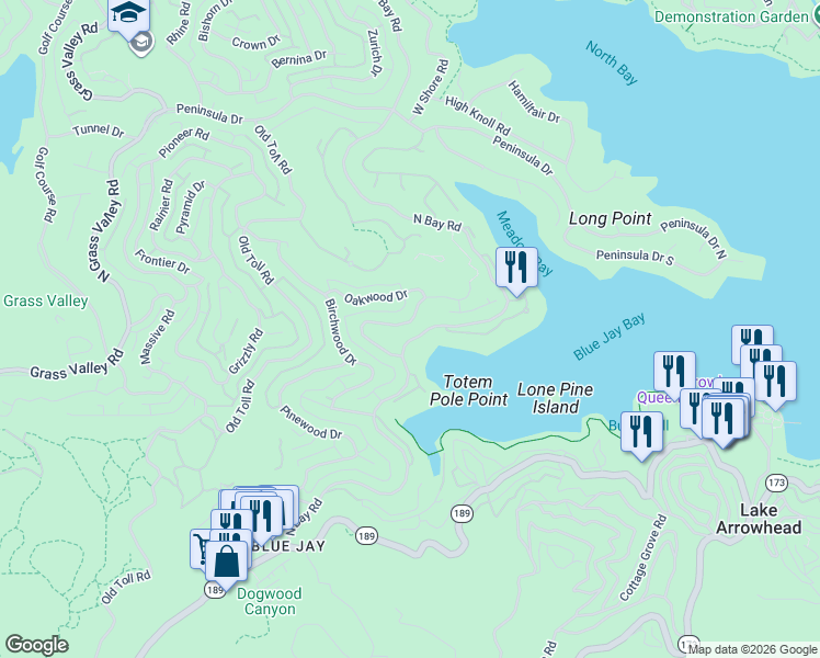 map of restaurants, bars, coffee shops, grocery stores, and more near 27492 Cedarwood Drive in Lake Arrowhead