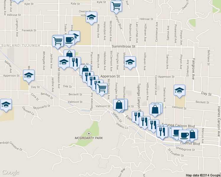 map of restaurants, bars, coffee shops, grocery stores, and more near 10157 Fernglen Avenue in Los Angeles