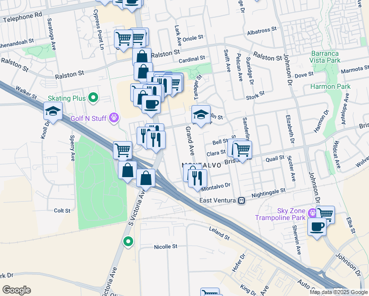 map of restaurants, bars, coffee shops, grocery stores, and more near 2207 Grand Avenue in Ventura
