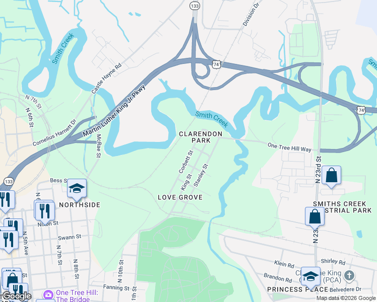 map of restaurants, bars, coffee shops, grocery stores, and more near 1516 Corbett Street in Wilmington