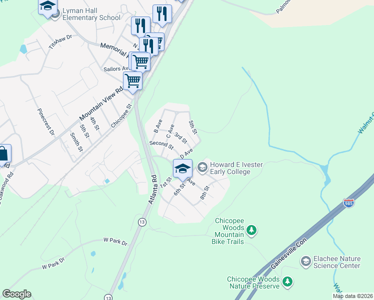 map of restaurants, bars, coffee shops, grocery stores, and more near 9 Second Street in Gainesville