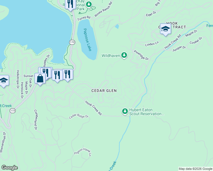 map of restaurants, bars, coffee shops, grocery stores, and more near 262 Lilac Way in Lake Arrowhead