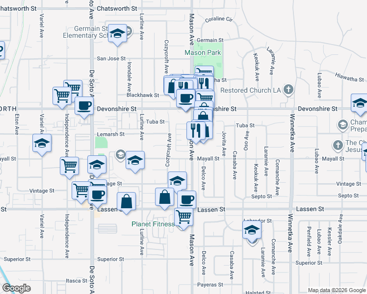 map of restaurants, bars, coffee shops, grocery stores, and more near 10201 Mason Avenue in Los Angeles