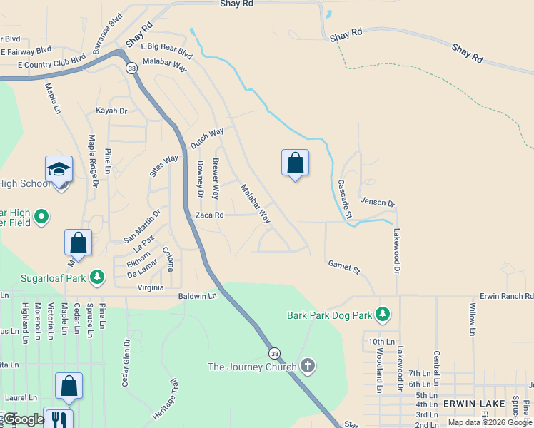 map of restaurants, bars, coffee shops, grocery stores, and more near 1605 Malabar Way in Big Bear