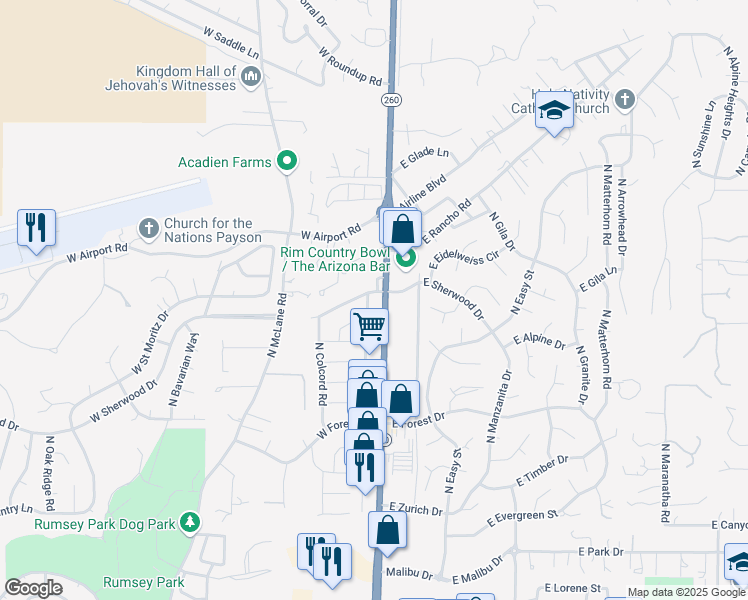 map of restaurants, bars, coffee shops, grocery stores, and more near 1100 North Beeline Highway in Payson