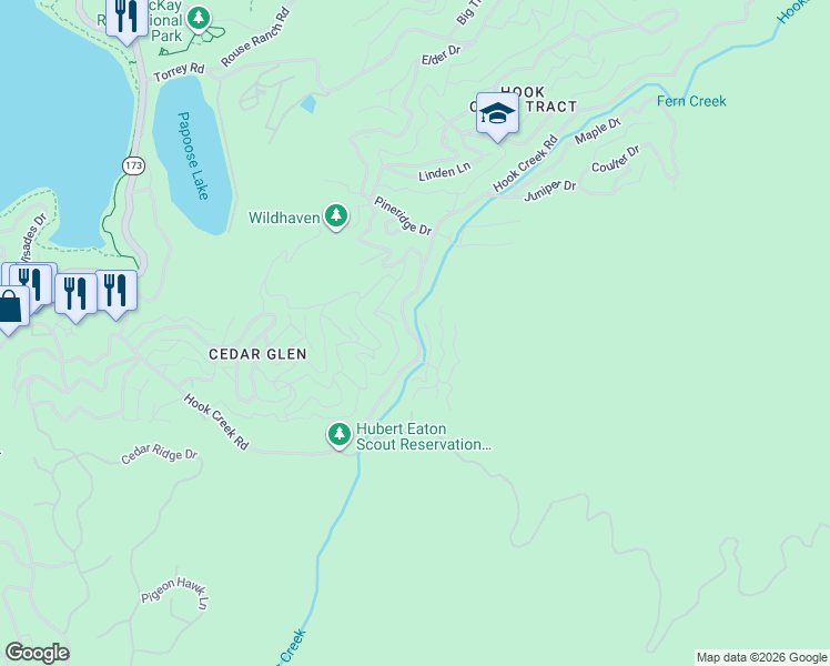 map of restaurants, bars, coffee shops, grocery stores, and more near 29613 Hook Creek Road in Lake Arrowhead