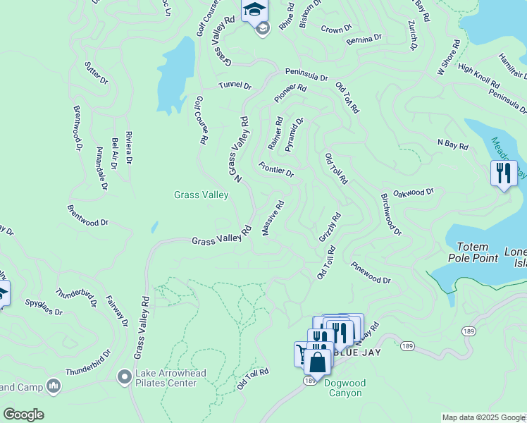map of restaurants, bars, coffee shops, grocery stores, and more near 267 Pioneer Road in Lake Arrowhead