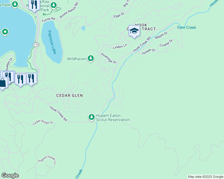 map of restaurants, bars, coffee shops, grocery stores, and more near 29613 Hook Creek Road in Lake Arrowhead