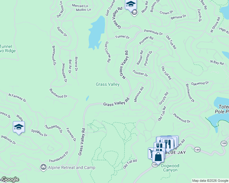 map of restaurants, bars, coffee shops, grocery stores, and more near 175 Grass Valley Road in Lake Arrowhead