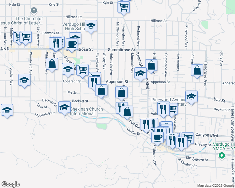 map of restaurants, bars, coffee shops, grocery stores, and more near 10214 McClemont Avenue in Los Angeles