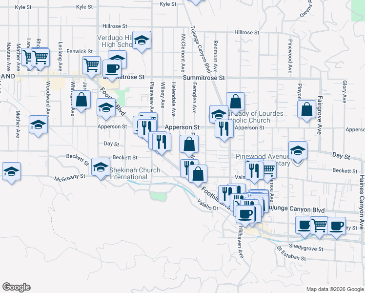 map of restaurants, bars, coffee shops, grocery stores, and more near 10214 McClemont Avenue in Los Angeles