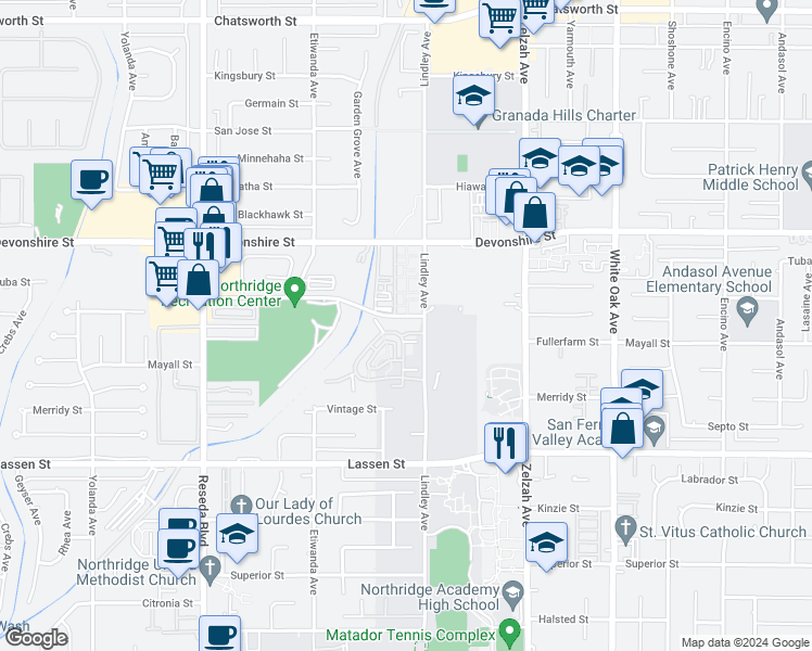 map of restaurants, bars, coffee shops, grocery stores, and more near 18131 Andrea Circle North in Los Angeles