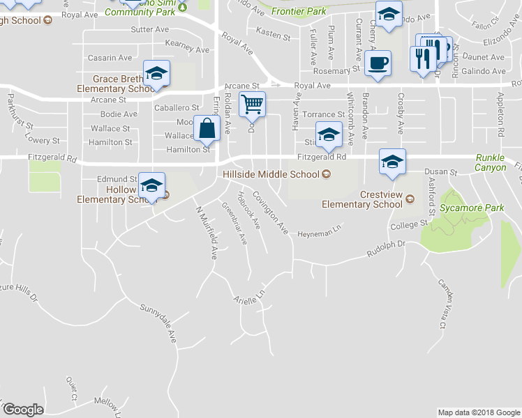 map of restaurants, bars, coffee shops, grocery stores, and more near 2044 Covington Avenue in Simi Valley