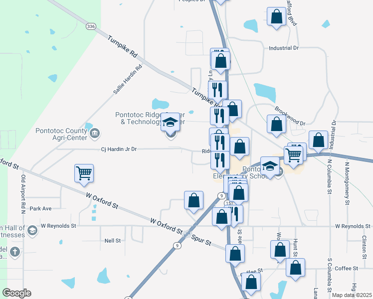 map of restaurants, bars, coffee shops, grocery stores, and more near Ridge Drive in Pontotoc
