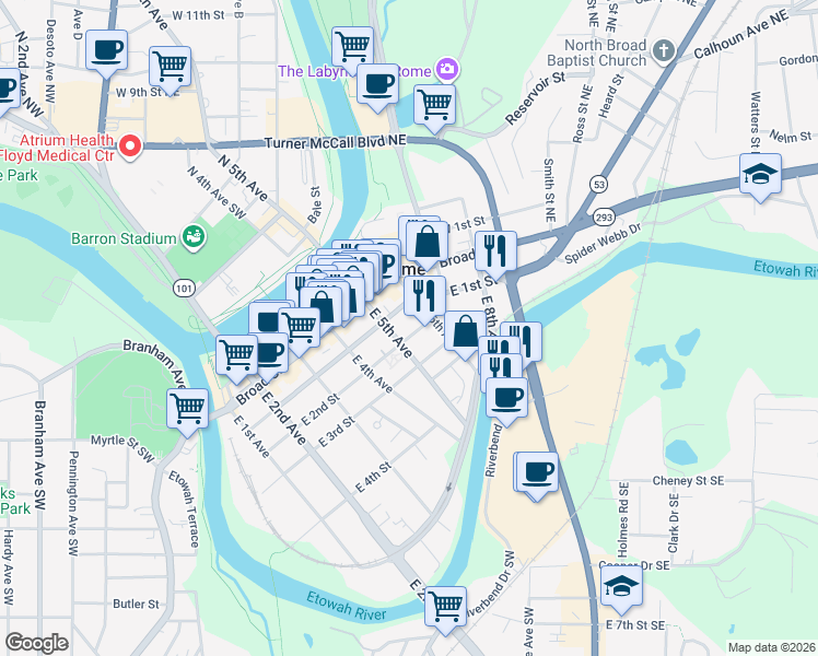 map of restaurants, bars, coffee shops, grocery stores, and more near 500 East 2nd Street in Rome
