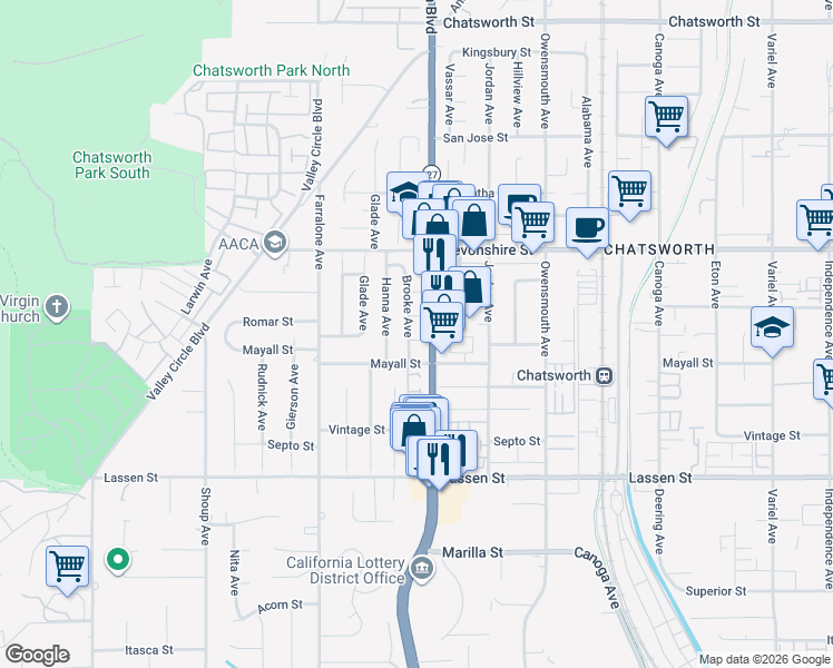 map of restaurants, bars, coffee shops, grocery stores, and more near 22015 Romar Street in Los Angeles
