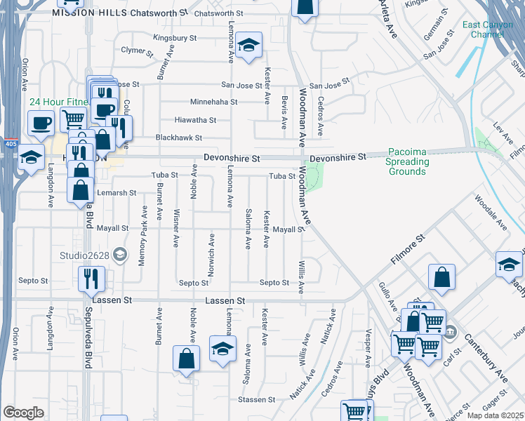 map of restaurants, bars, coffee shops, grocery stores, and more near 10133 Kester Avenue in Los Angeles