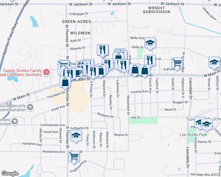 map of restaurants, bars, coffee shops, grocery stores, and more near 200 Nanney Drive in Tupelo