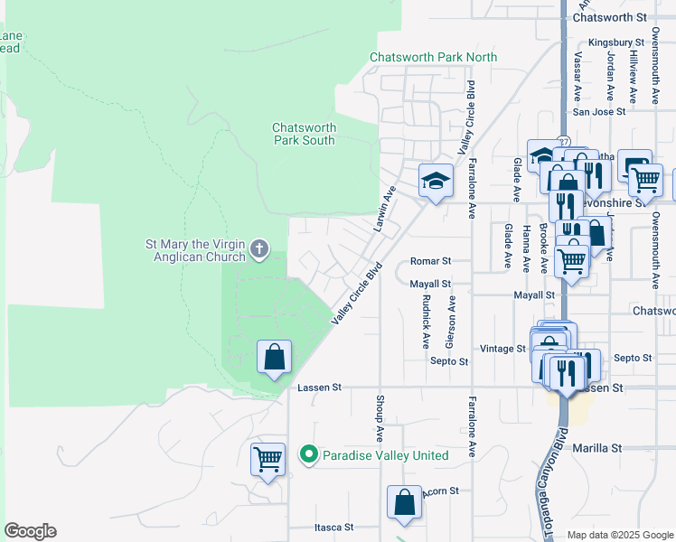 map of restaurants, bars, coffee shops, grocery stores, and more near 10121 Larwin Avenue in Los Angeles