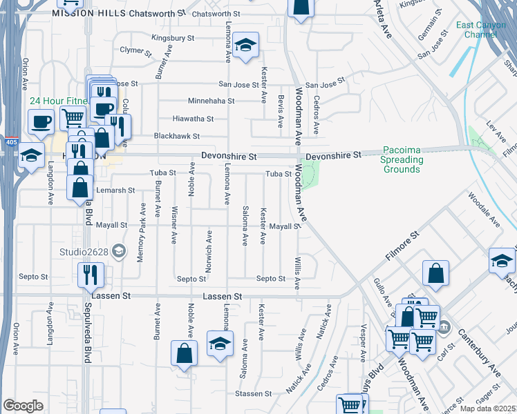 map of restaurants, bars, coffee shops, grocery stores, and more near 10133 Kester Avenue in Los Angeles