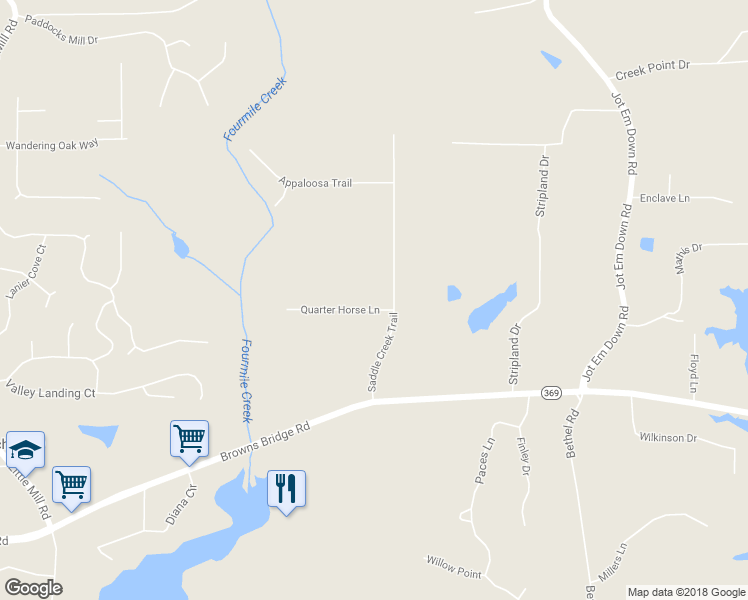 map of restaurants, bars, coffee shops, grocery stores, and more near 7505 Saddle Creek Trail in Gainesville