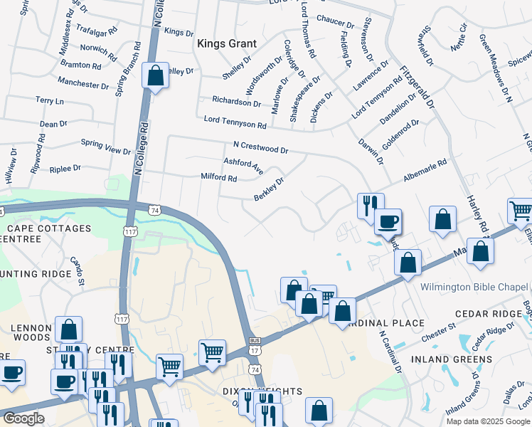 map of restaurants, bars, coffee shops, grocery stores, and more near 486 Albemarle Road in Wilmington