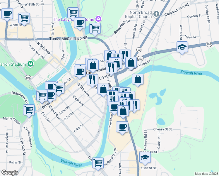 map of restaurants, bars, coffee shops, grocery stores, and more near 305 East 6th Avenue in Rome