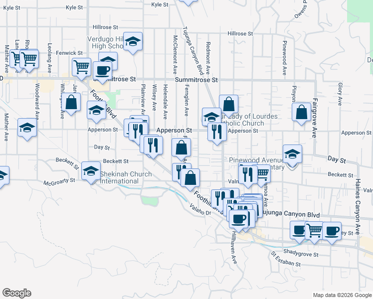 map of restaurants, bars, coffee shops, grocery stores, and more near 10157 Fernglen Avenue in Los Angeles