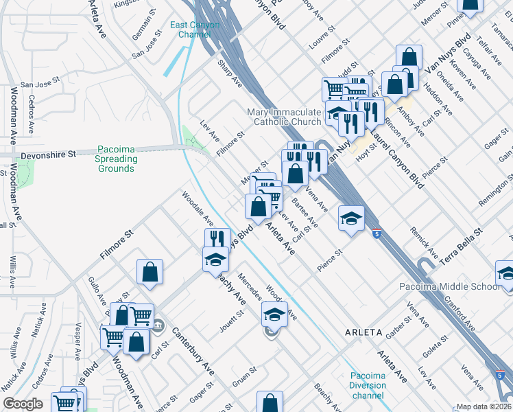 map of restaurants, bars, coffee shops, grocery stores, and more near in Los Angeles