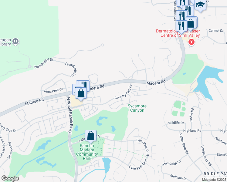 map of restaurants, bars, coffee shops, grocery stores, and more near 373 Country Club Drive in Simi Valley
