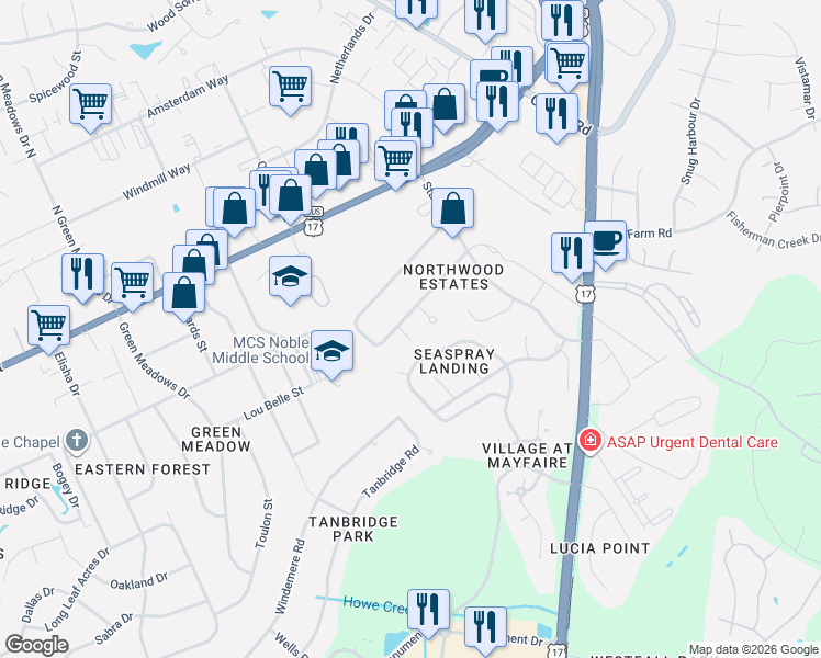 map of restaurants, bars, coffee shops, grocery stores, and more near 825 Royal Bonnet Court in Wilmington