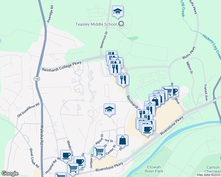 map of restaurants, bars, coffee shops, grocery stores, and more near 242 Riverstone Place in Canton