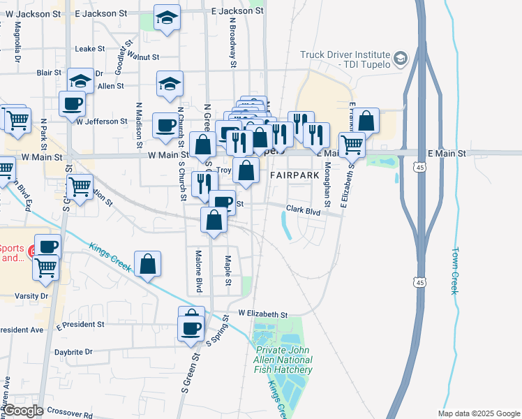 map of restaurants, bars, coffee shops, grocery stores, and more near 418 South Spring Street in Tupelo