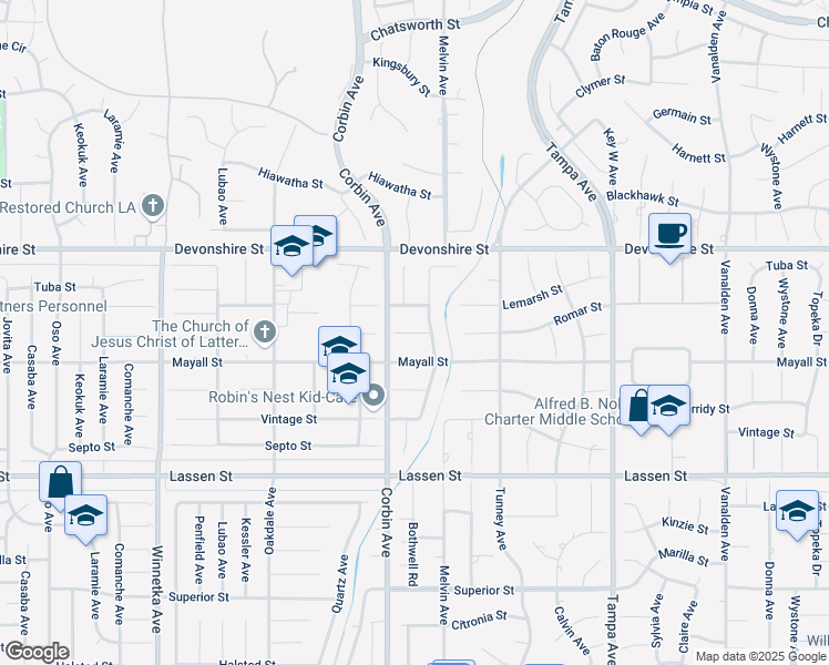 map of restaurants, bars, coffee shops, grocery stores, and more near 19625 Romar Street in Los Angeles