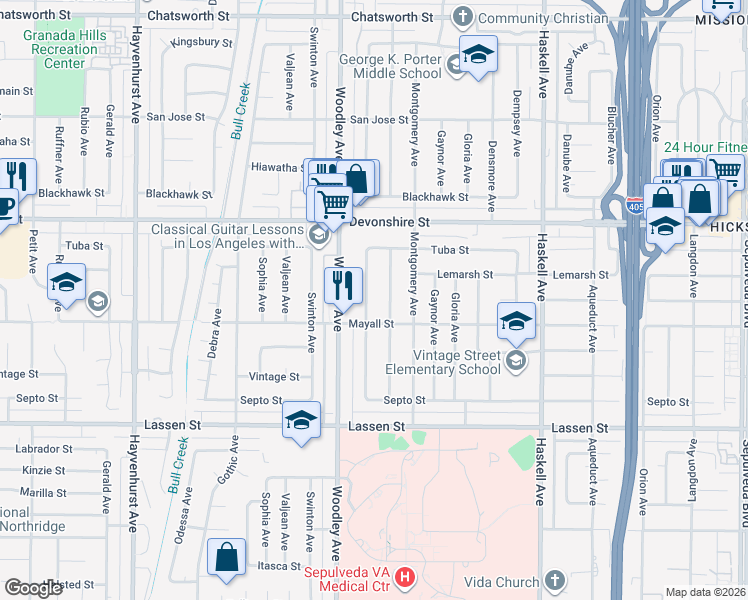map of restaurants, bars, coffee shops, grocery stores, and more near 10126 Collett Avenue in Los Angeles