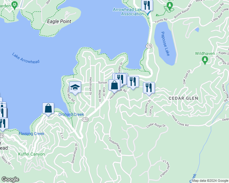 map of restaurants, bars, coffee shops, grocery stores, and more near 28906 Hook Creek Road in Lake Arrowhead