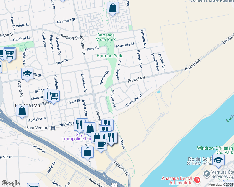 map of restaurants, bars, coffee shops, grocery stores, and more near 2301 Panda Place in Ventura