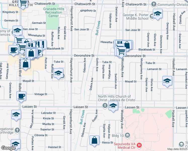 map of restaurants, bars, coffee shops, grocery stores, and more near 10124 Debra Avenue in Los Angeles