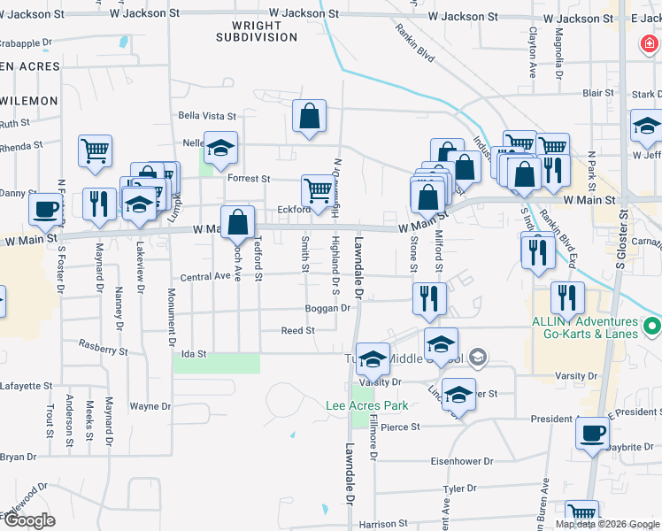 map of restaurants, bars, coffee shops, grocery stores, and more near 201-299 Highland Drive South in Tupelo
