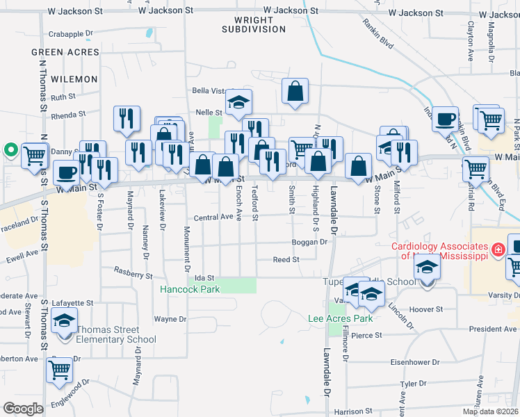 map of restaurants, bars, coffee shops, grocery stores, and more near 1519 Central Avenue in Tupelo