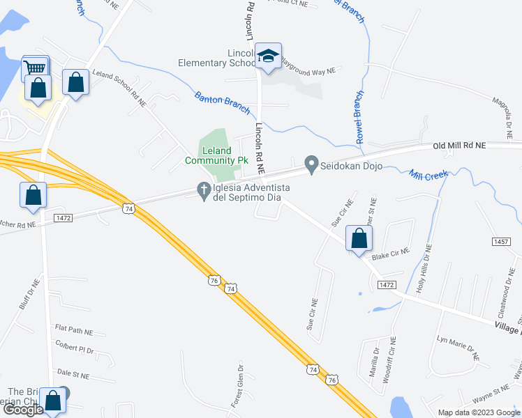 map of restaurants, bars, coffee shops, grocery stores, and more near 184 Lincoln Place Circle in Leland